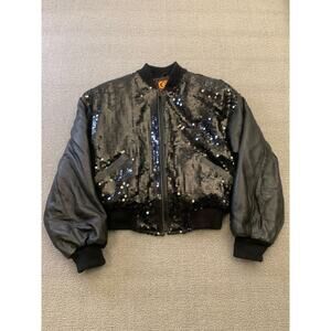 Vintage Y2K G-III LEATHER‎ Women Small Black Sequin Leather Bomber Jacket